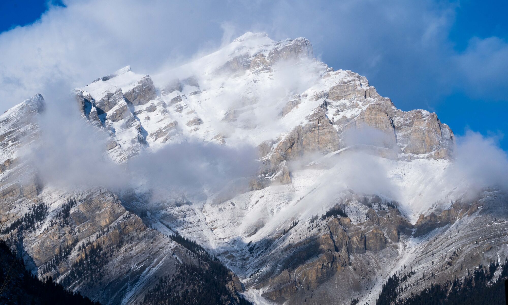 Cascade Mountain shroud in clouds in the winter