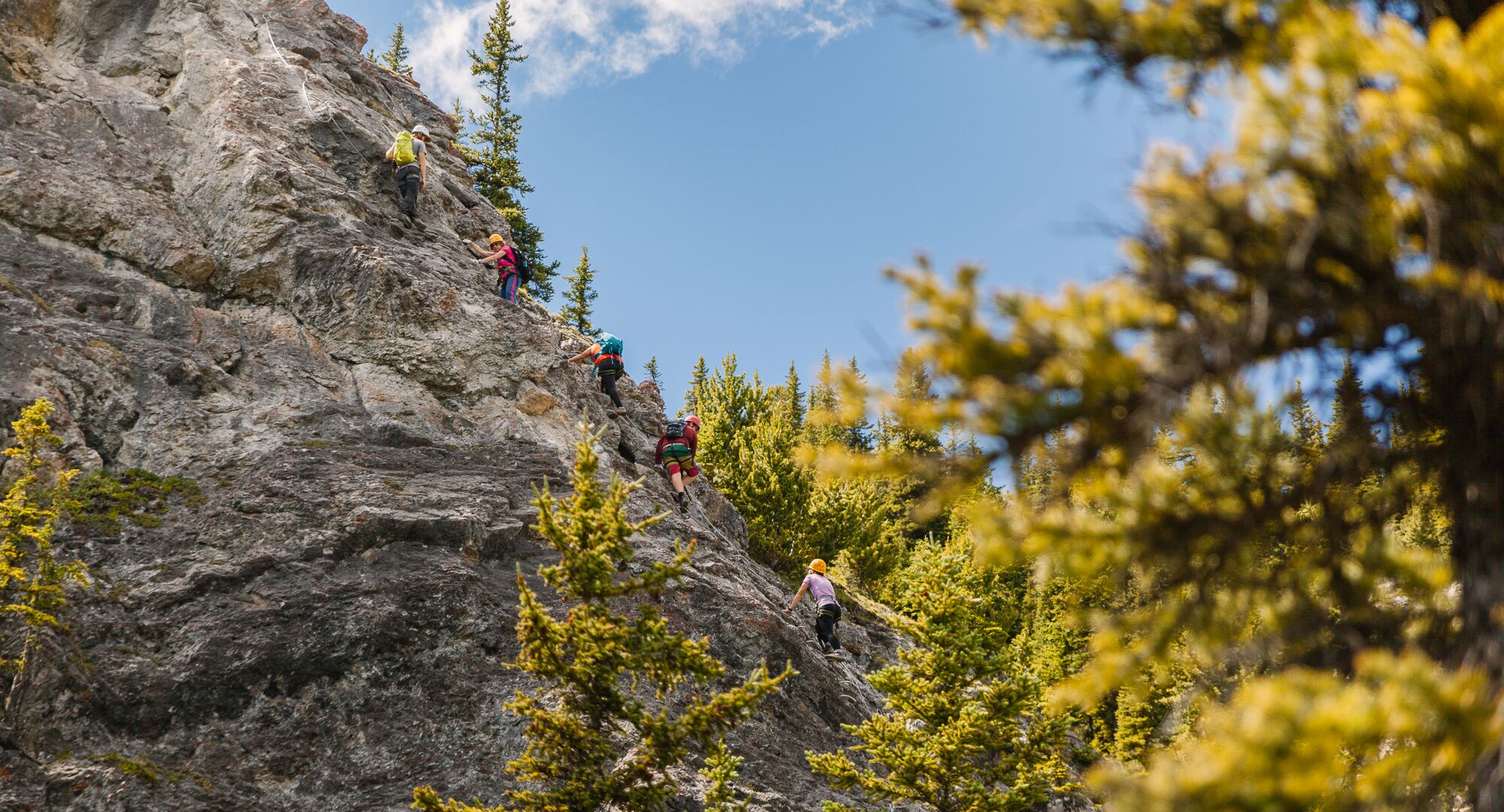 Group of people on a guided via ferrata experience at Mt. Norquay in Banff National Park