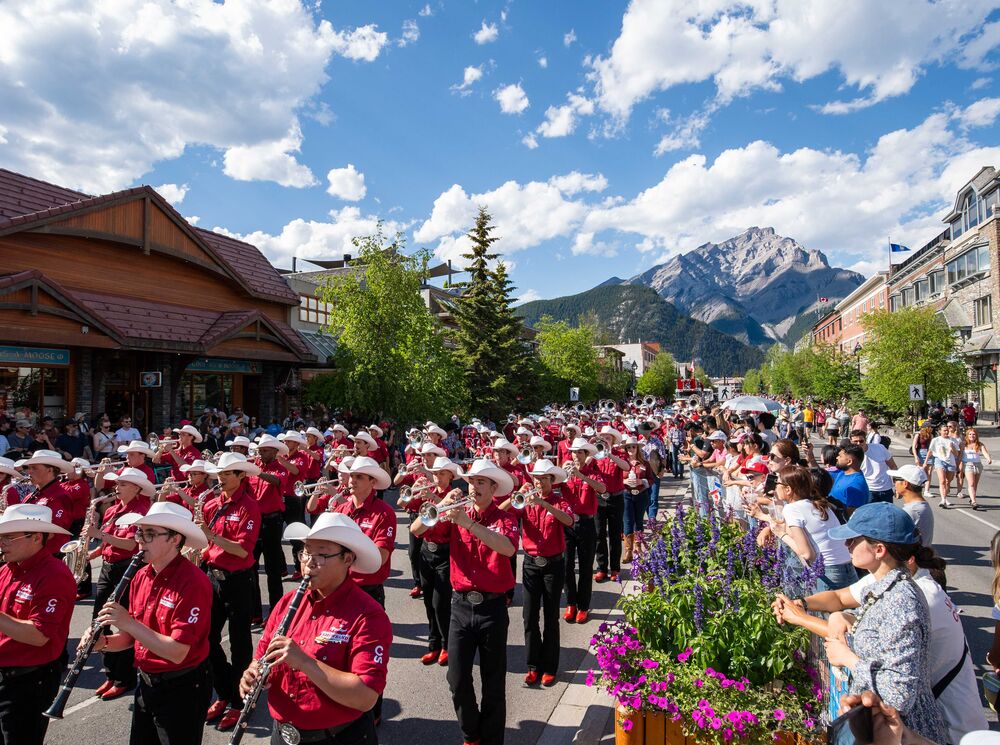 The Calgary Stampede Showband performs in the Canada Day Parade on Banff Avenue in Banff during Banff's Canada Day celebrations.