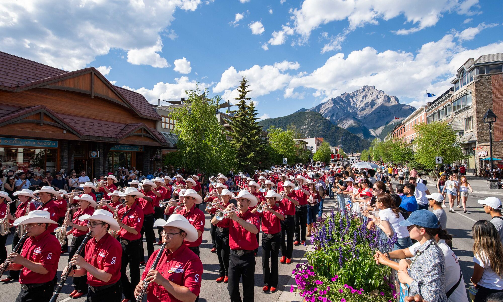 The Calgary Stampede Showband performs in the Canada Day Parade on Banff Avenue in Banff during Banff's Canada Day celebrations.