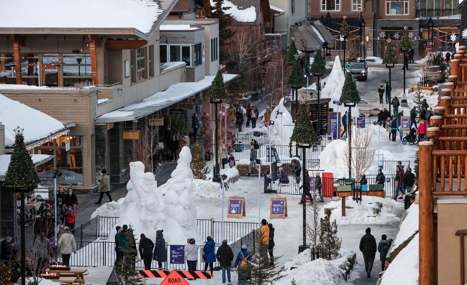 The snow sculpture exhibition at Bear Street during SnowDays Festival 2022 in Banff National Park. 