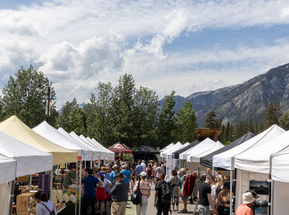 People shopping at Banff Farmers Market.