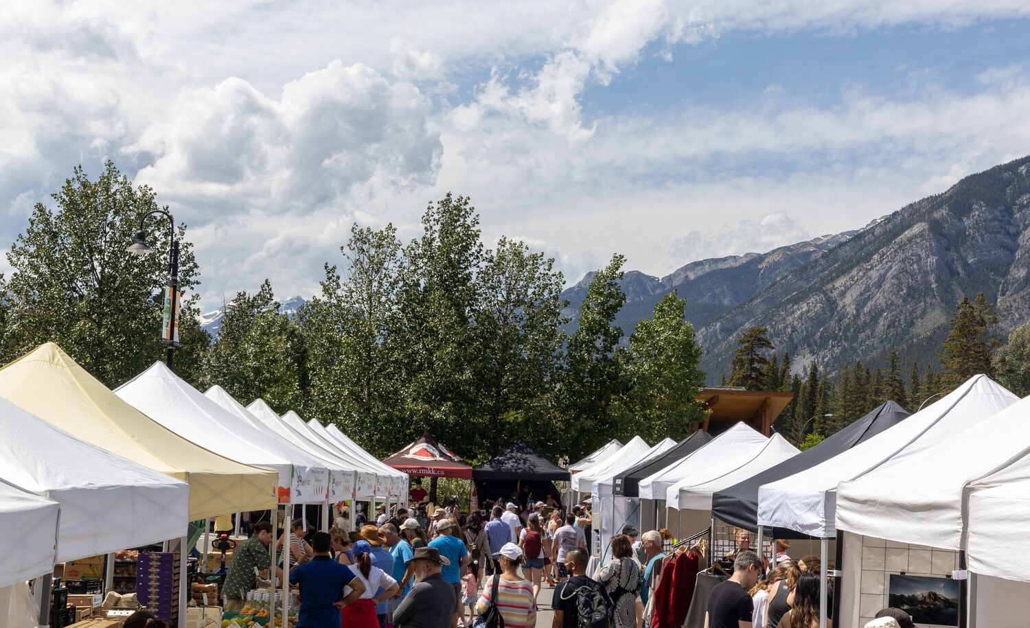 People shopping at Banff Farmers Market.