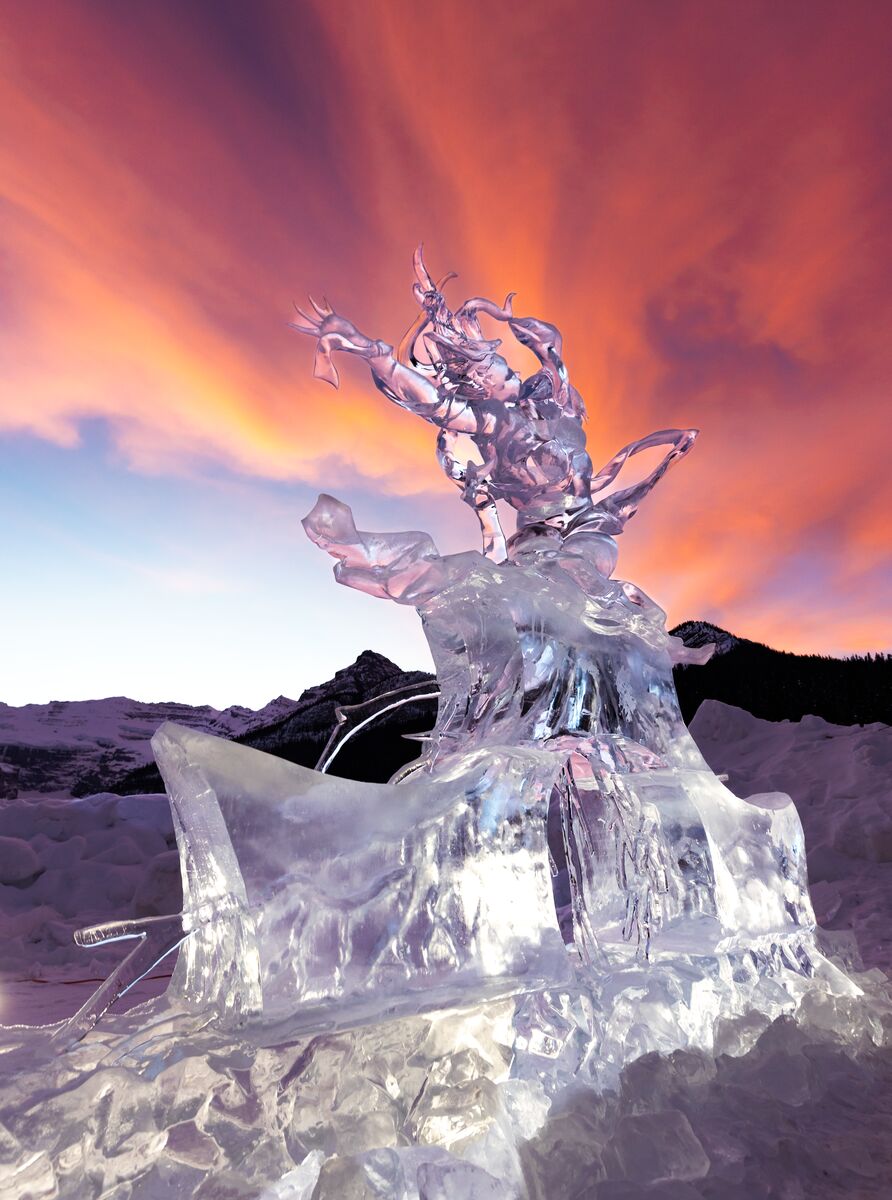 An ice sculpture of a woman dancing at Lake Louise during Ice Magic.