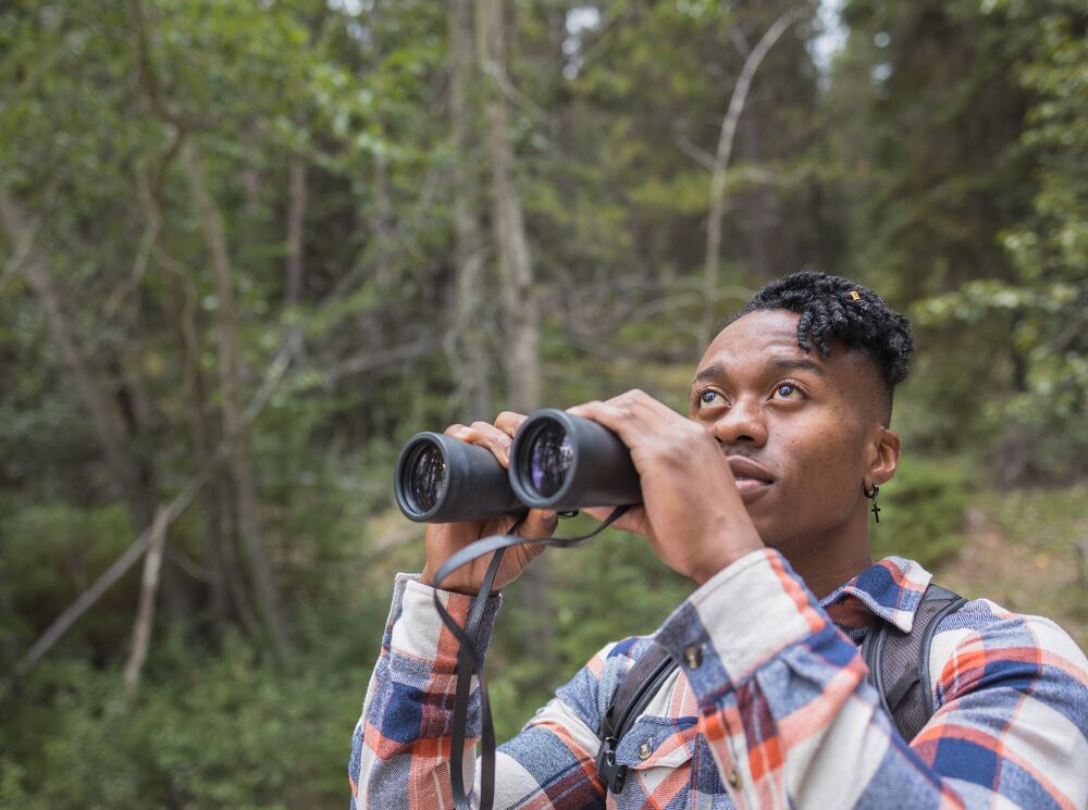 Person with binoculars in the forest in Banff National Park, in the summer.