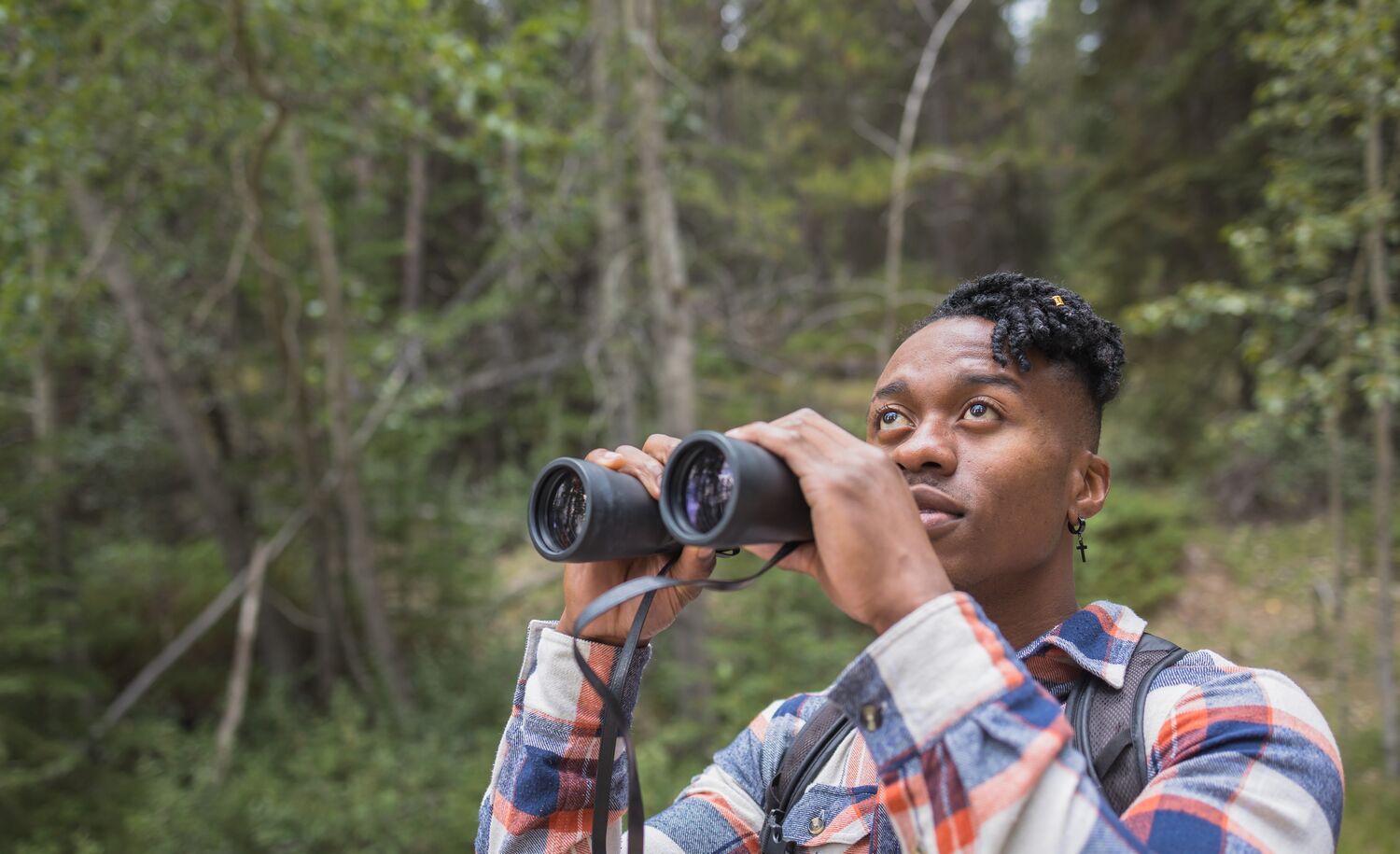 Person with binoculars in the forest in Banff National Park, in the summer.