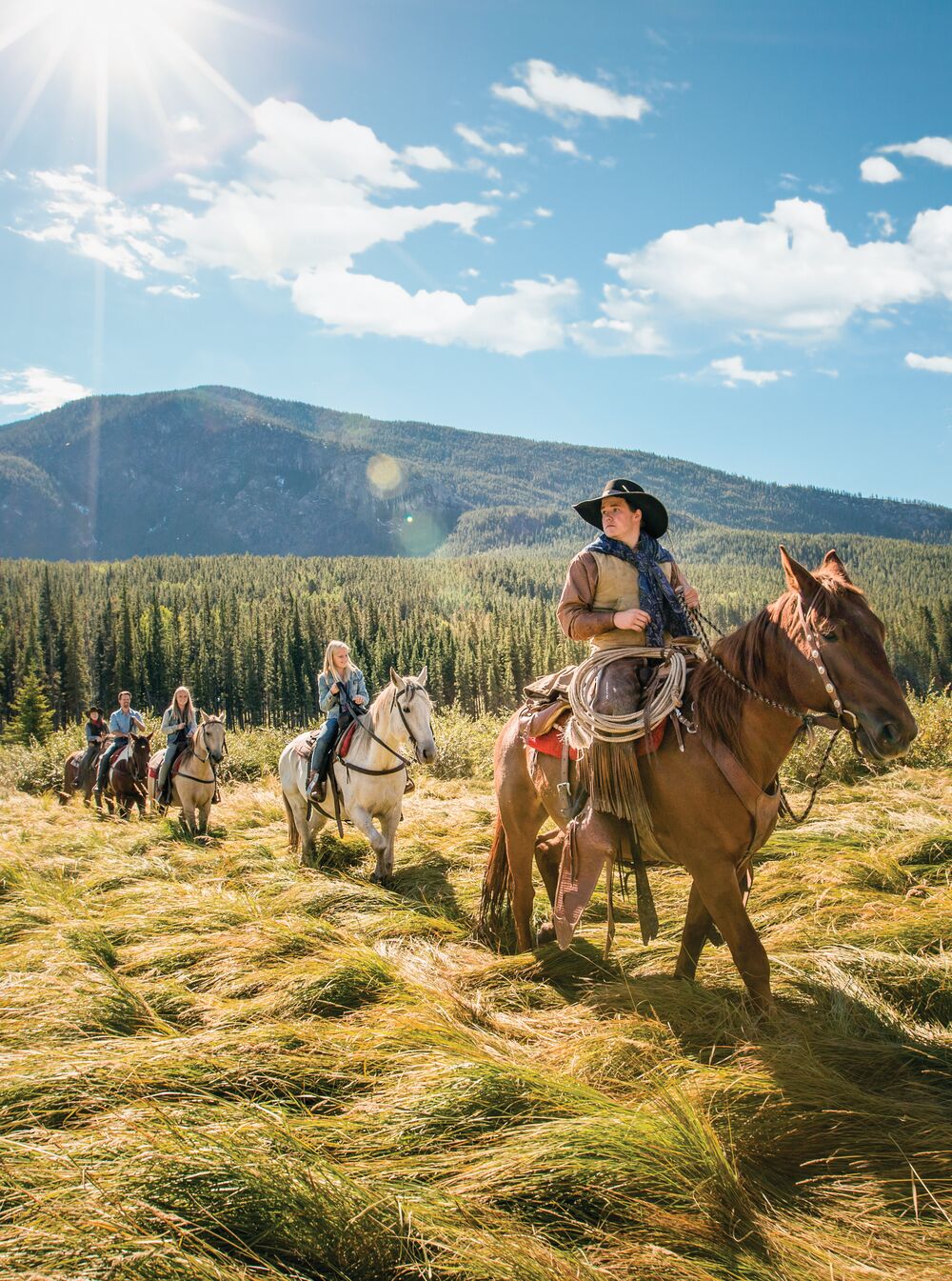 A group of people on a horse riding tours in Banff National Park