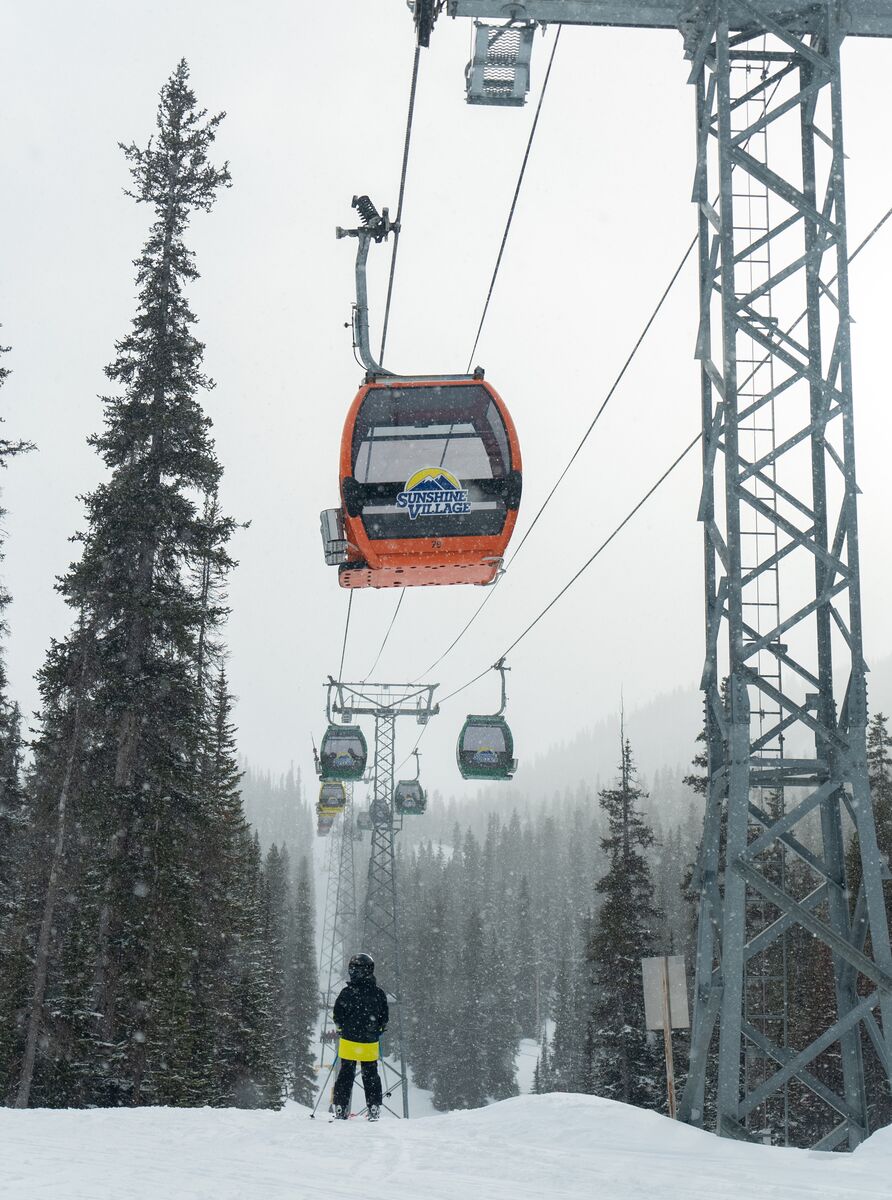 A skier at Banff Sunshine Village heads down the Banff Avenue run in Banff National Park