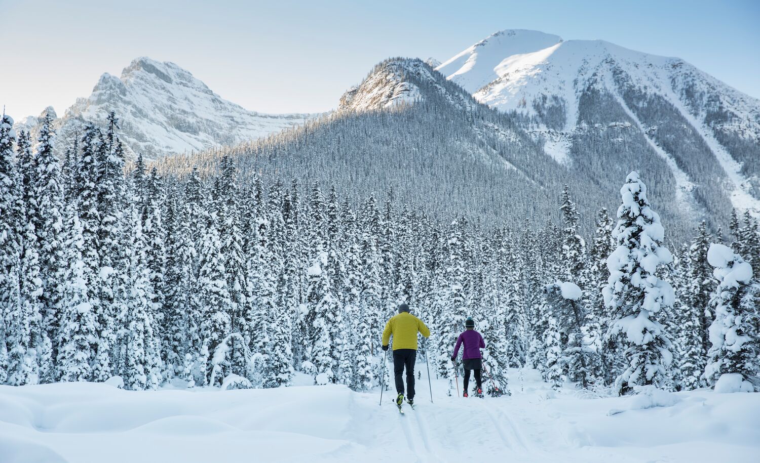 The couple is enjoying their Cross Country Skiing at Moraine Lake.