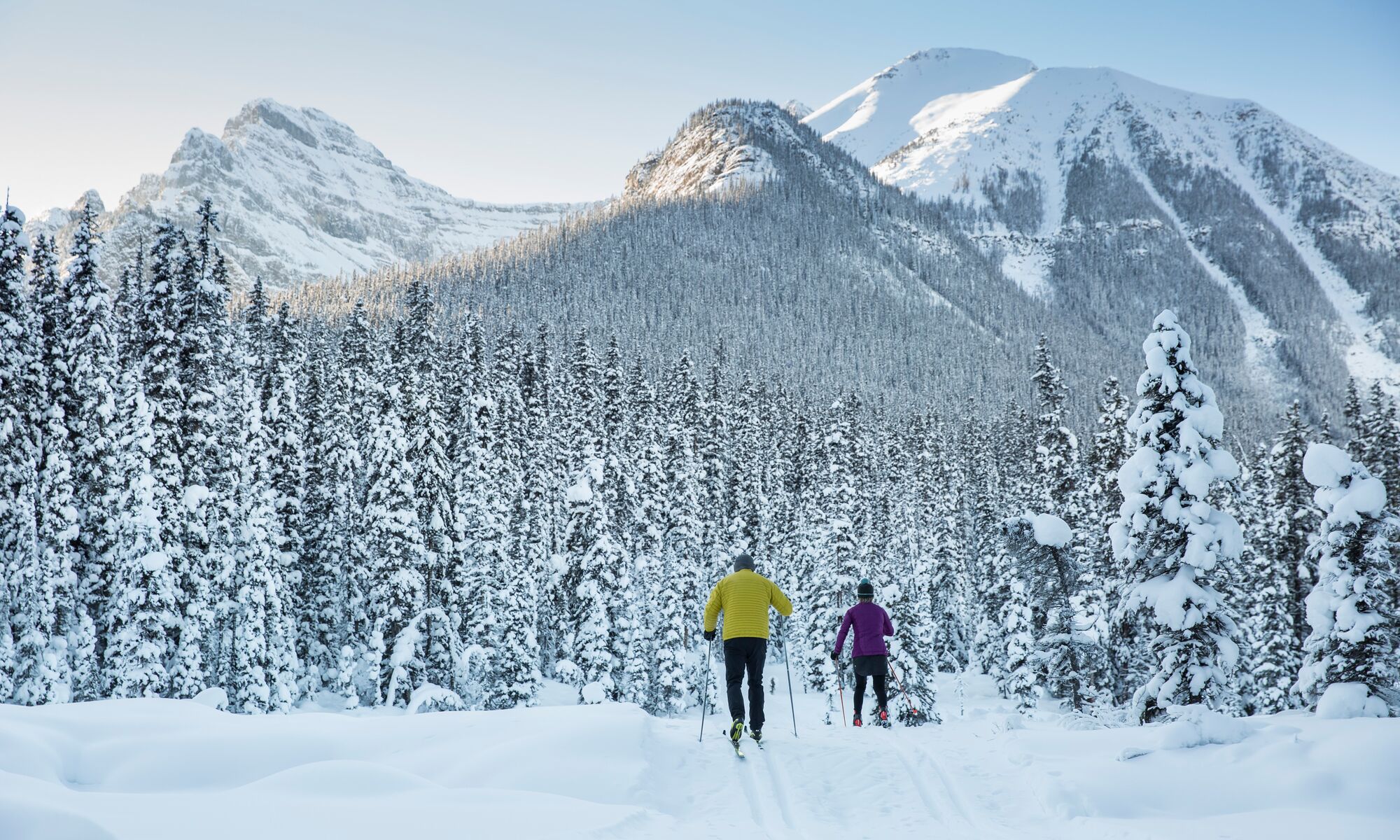 The couple is enjoying their Cross Country Skiing at Moraine Lake.