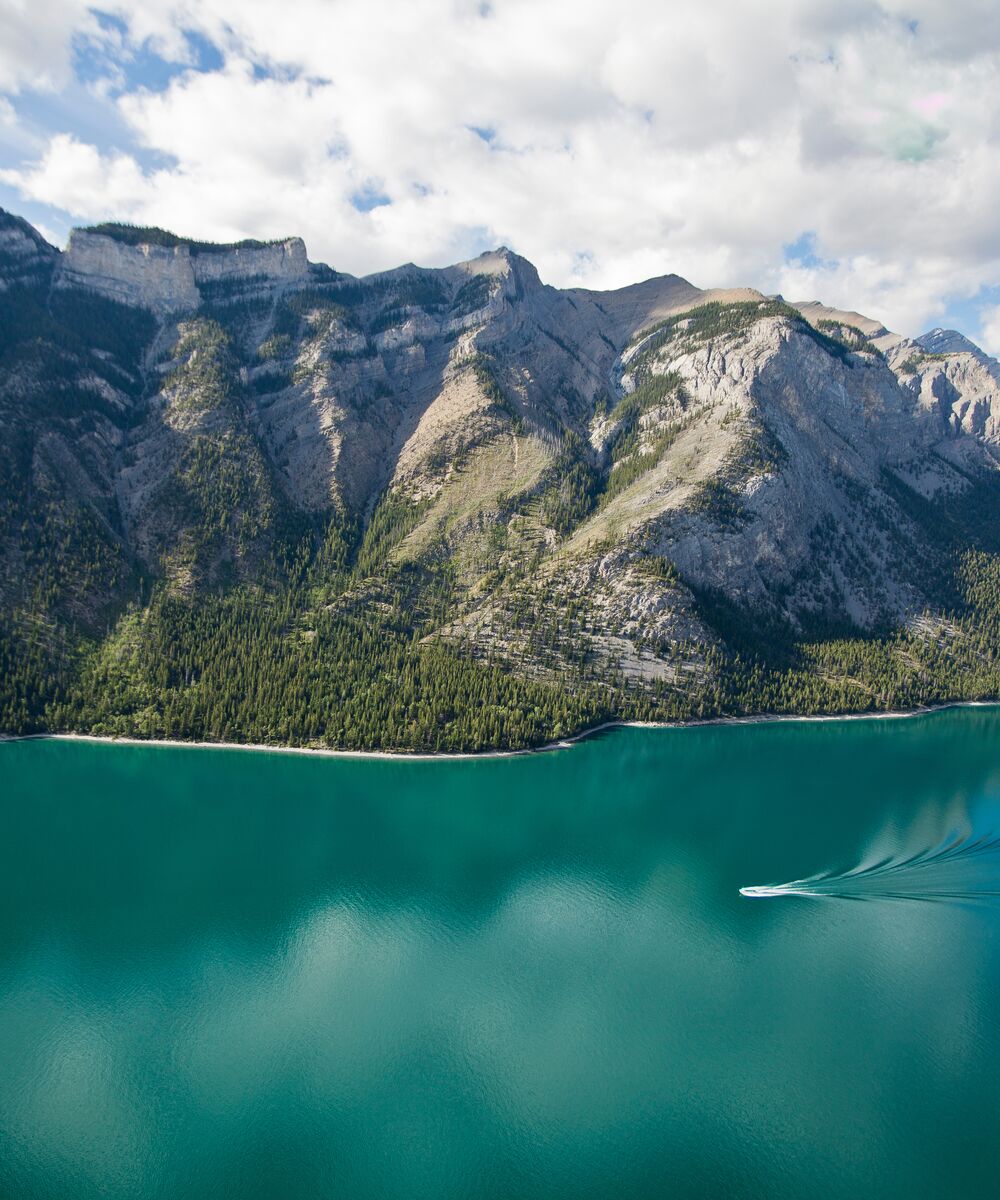 Aerial view of Lake Minnewanka in Banff National Park