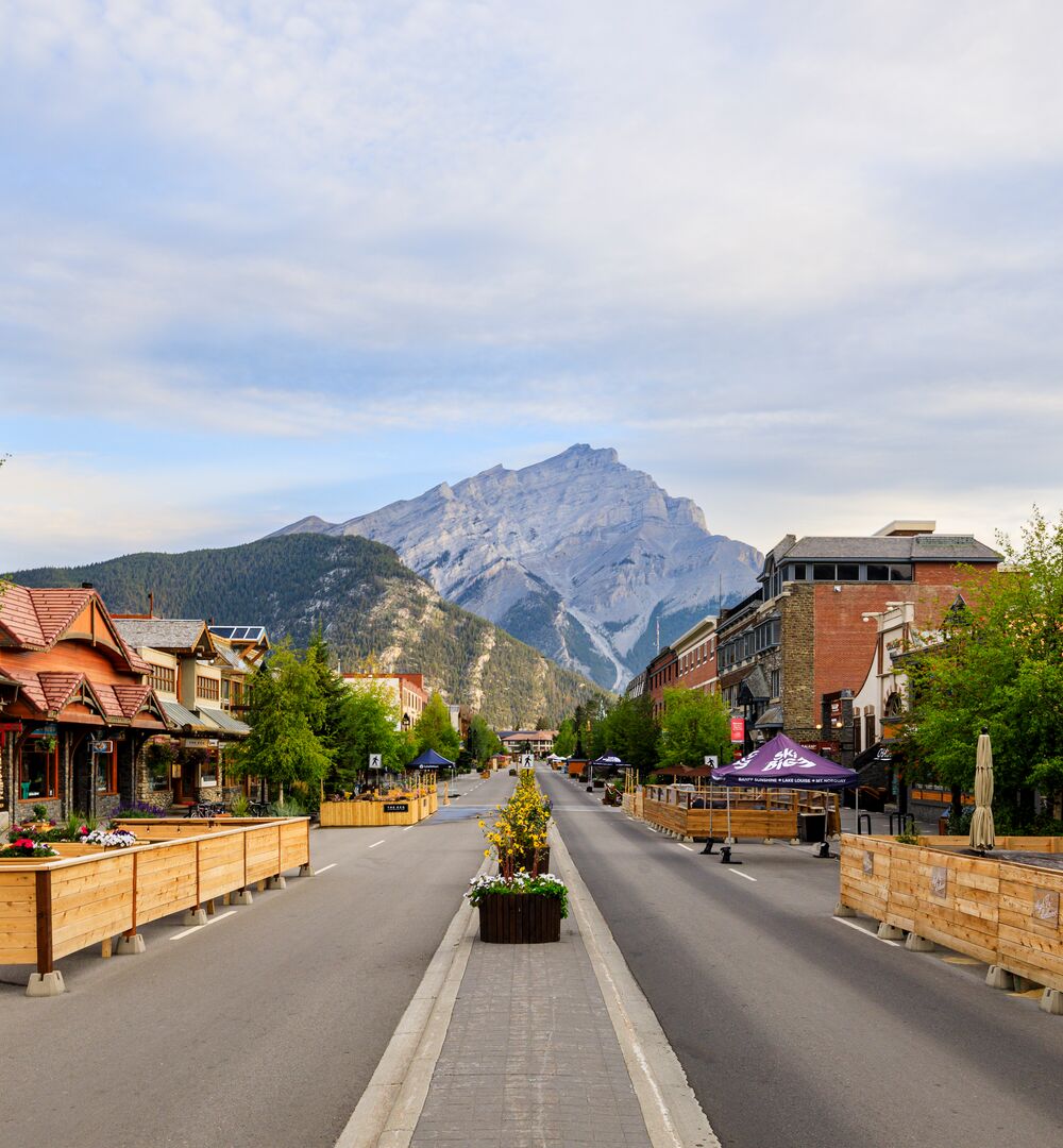 The view of Banff Avenue with the Cascade Mountain in the background. 