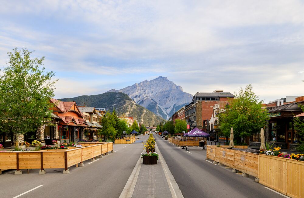 The view of Banff Avenue with the Cascade Mountain in the background. 