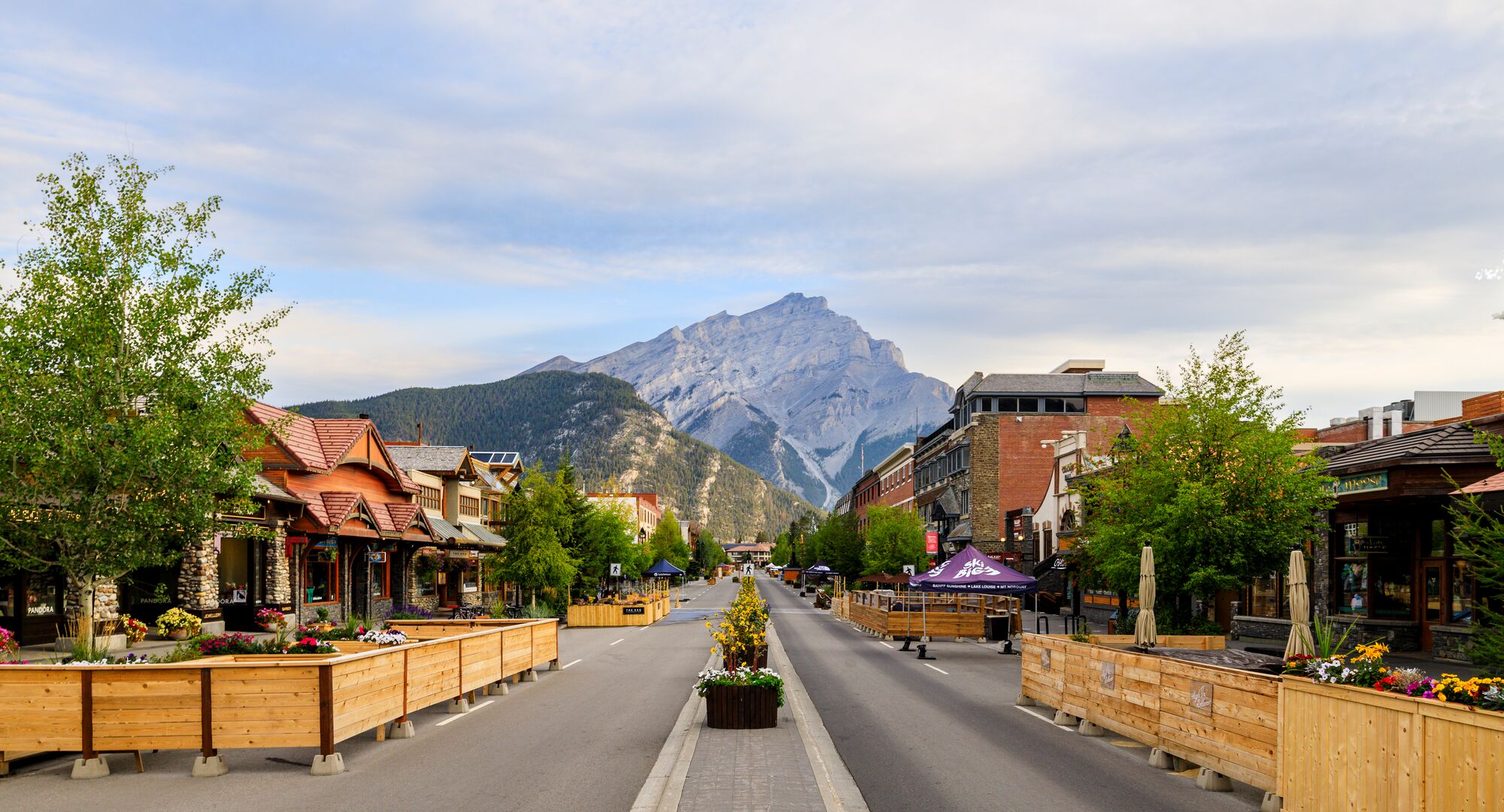 View looking down the Banff Avenue Pedestrian zone in the summer
