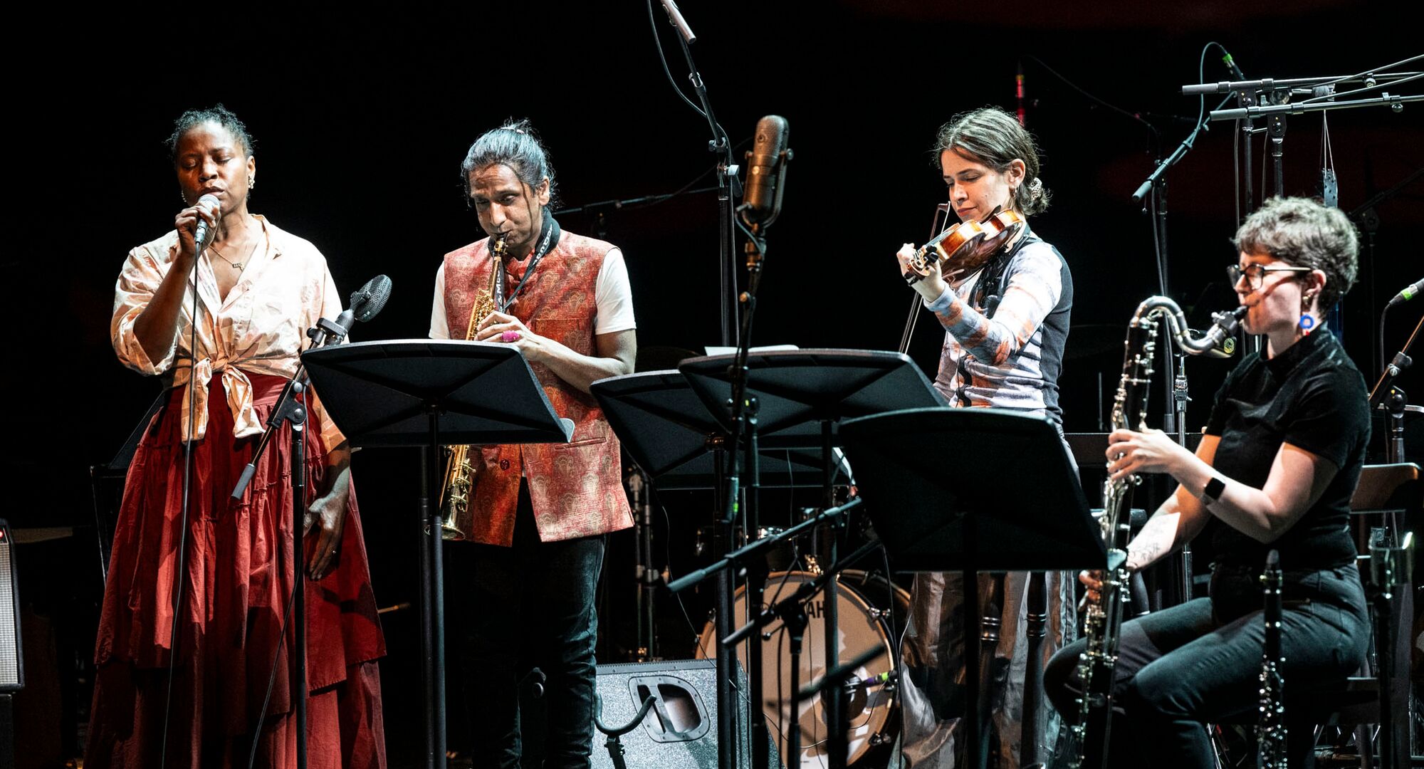 Nicholas Dourado (soprano saxophone), tUkU matthews (voice), Olivia Jones (clarinet), Myrsini Bekakou (violin) at Jazz & Sonic Arts 2024. Photo by Rita Taylor.
