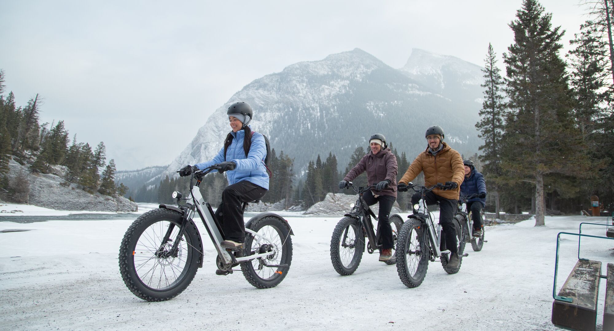 A group of people on a fat biking tour through Banff National Park with Bikescape