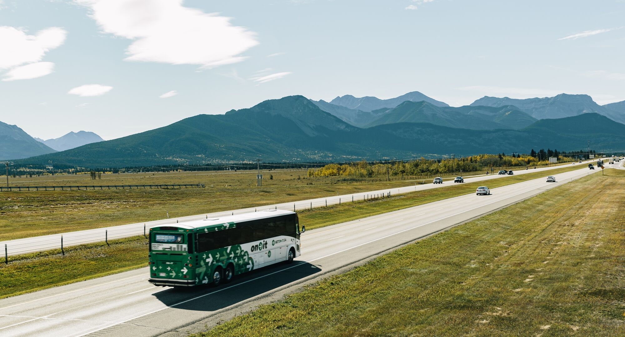 On-it bus on the highway to Banff National Park from Calgary.