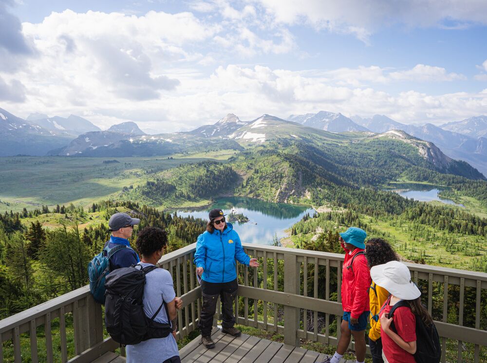 A hiking guide at Sunshine Meadows talks to a group of people at the Standish Lookout viewpoint.