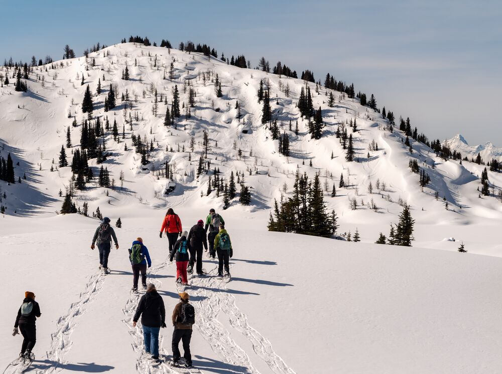 A group of people snowshoeing in the mountains in Banff National Park