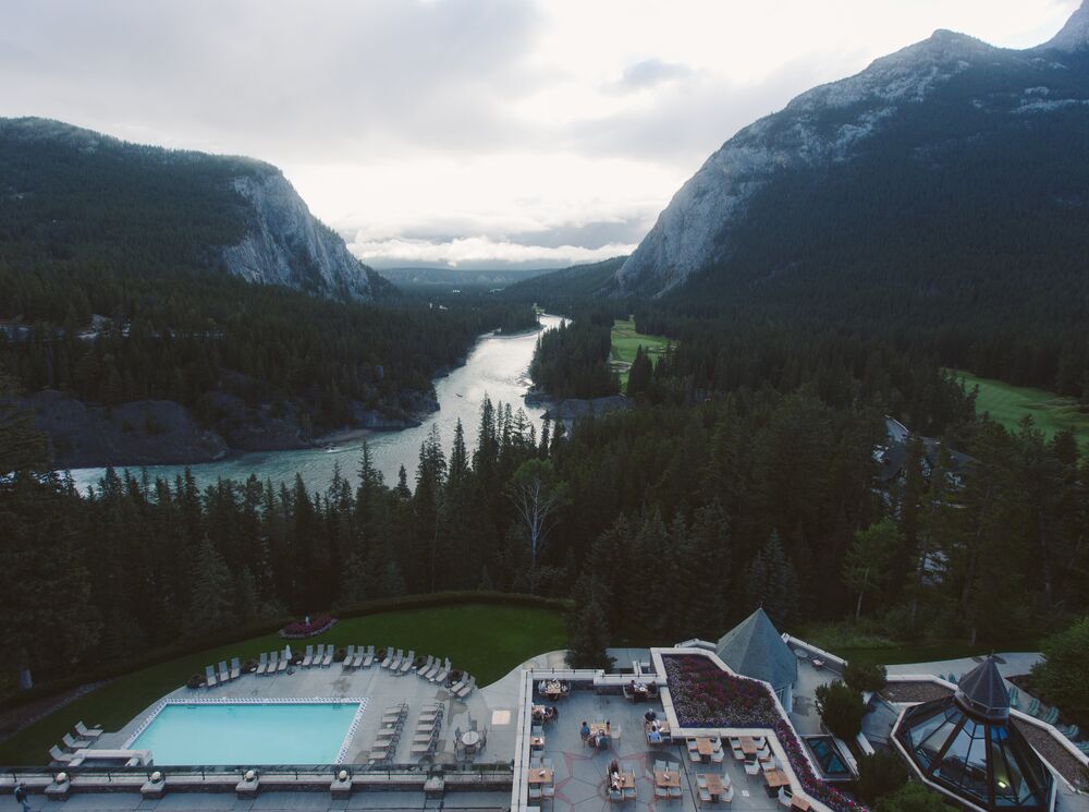 View from the Fairmont Banff Springs of Mt Rundle and Tunnel Mountain