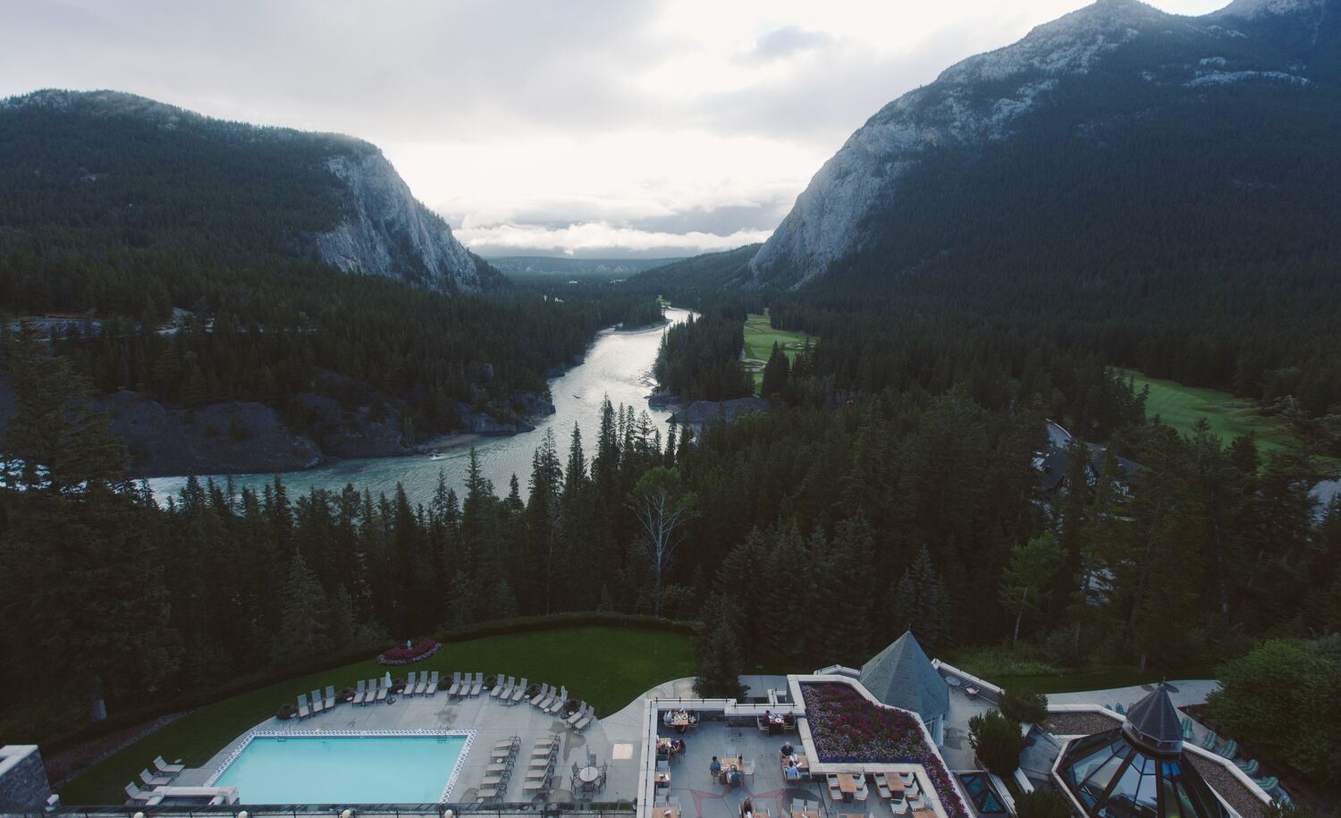 View from the Fairmont Banff Springs of Mt Rundle and Tunnel Mountain