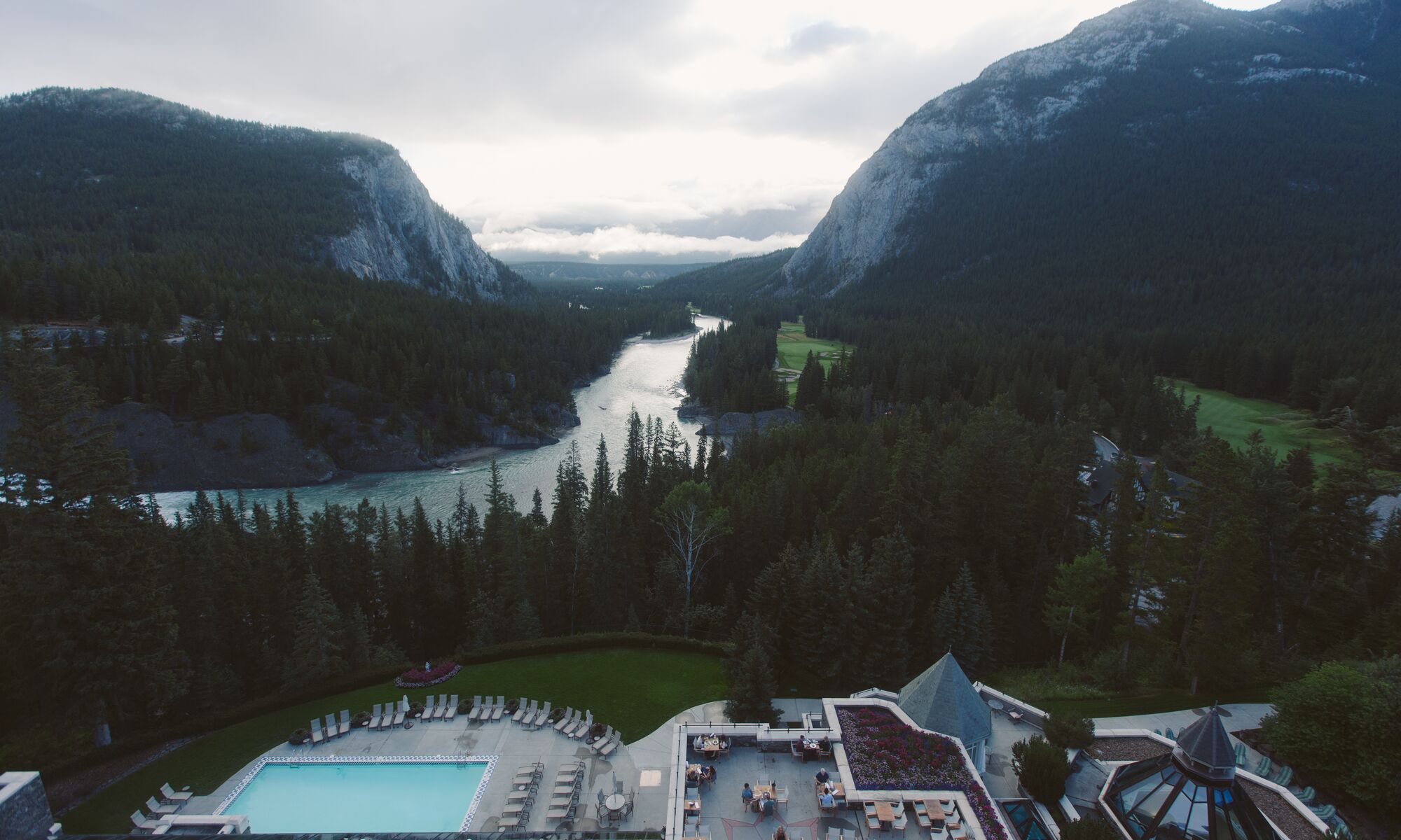 View from the Fairmont Banff Springs of Mt Rundle and Tunnel Mountain