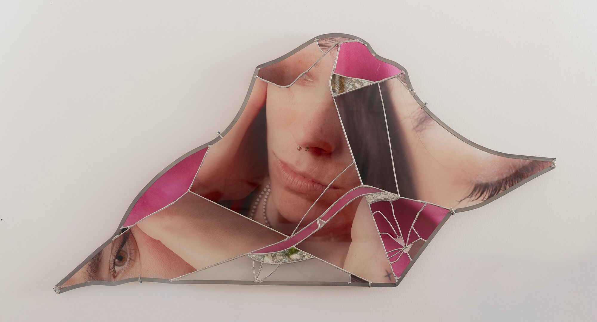 Ryan Van Der Hout, Edge State, 2024. UV print on glass, solder, copper, stainless steel, varnish. 62" x 32" x 2". Unique.